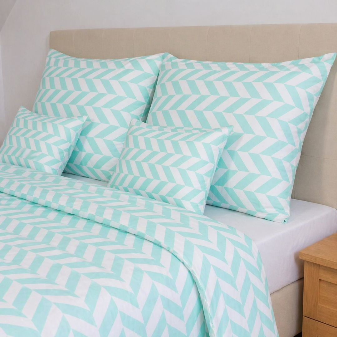 Cotton bed sheet set - 3 pieces - Turquoise and white pattern