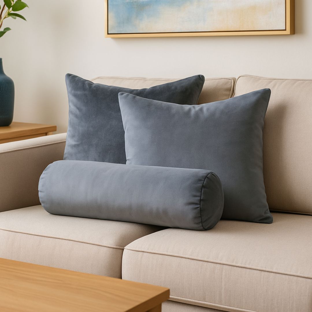 Szürke bársony hengerpárna - betéttel - 50x15 cm