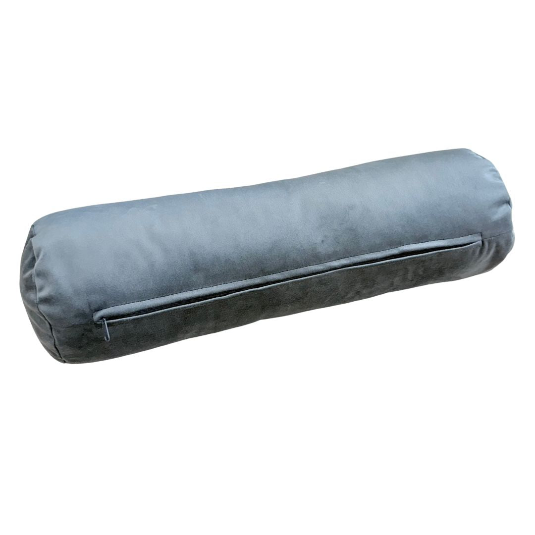 Szürke bársony hengerpárna - betéttel - 50x15 cm