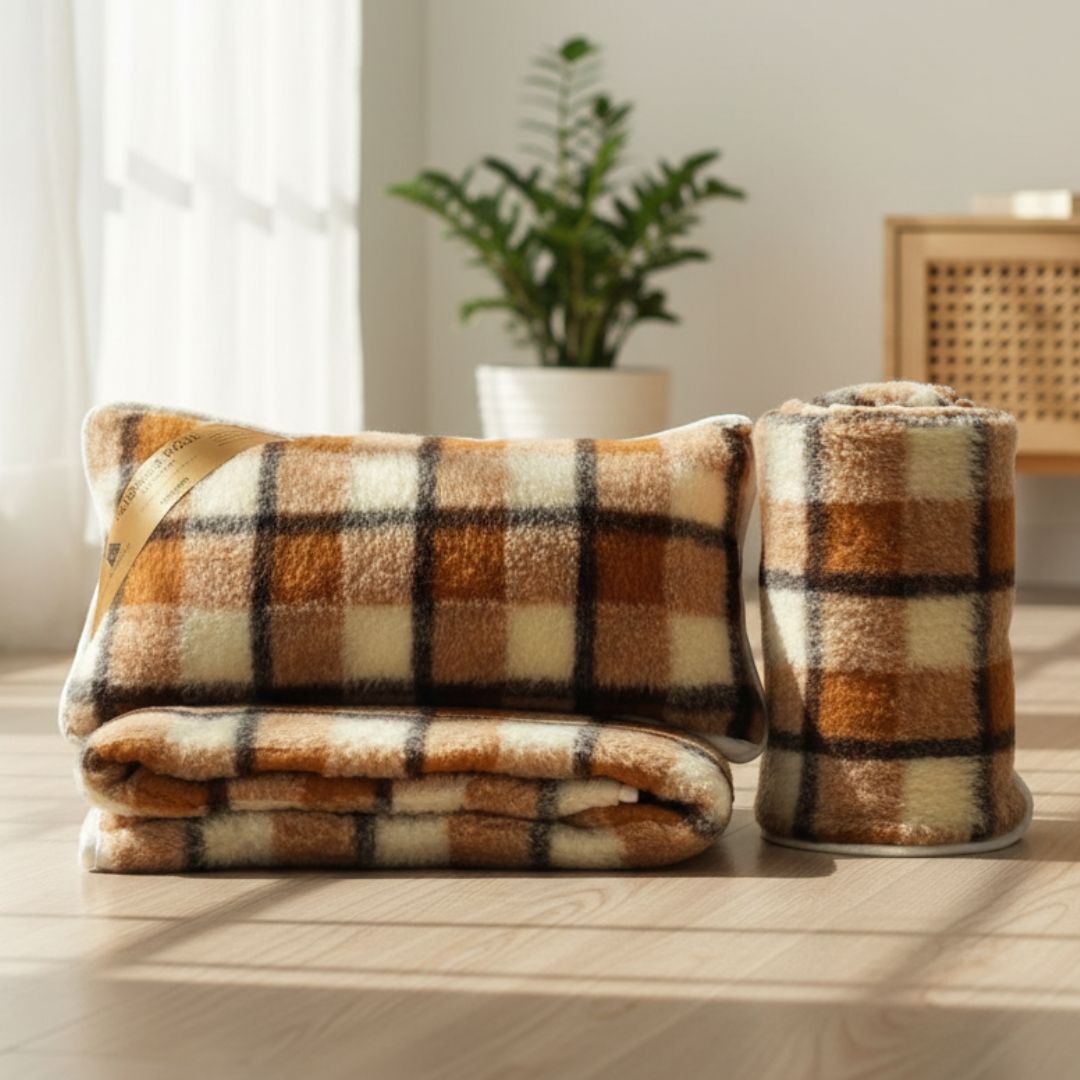 Double-sided gray plaid lambswool - 3 pieces