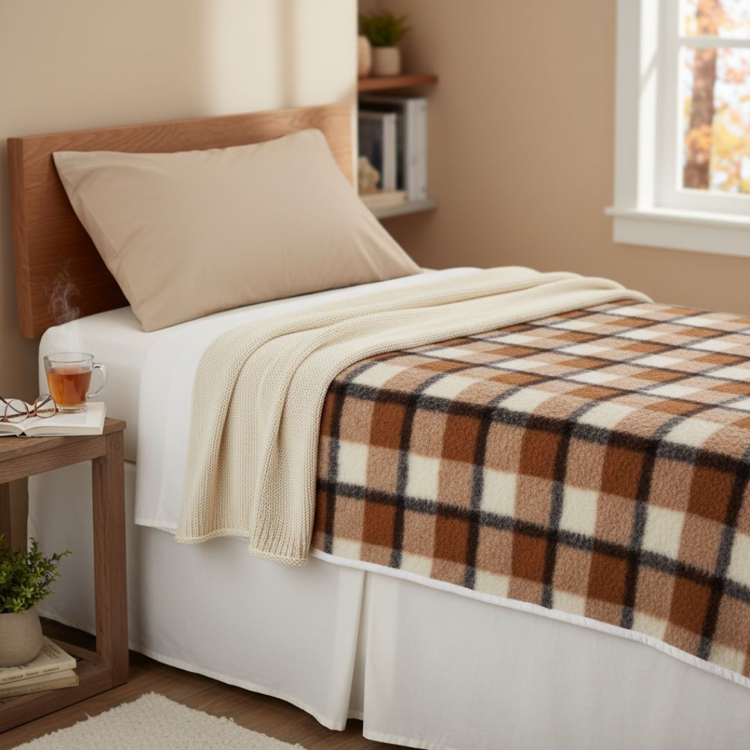 Double-sided grey checkered lambswool down blanket