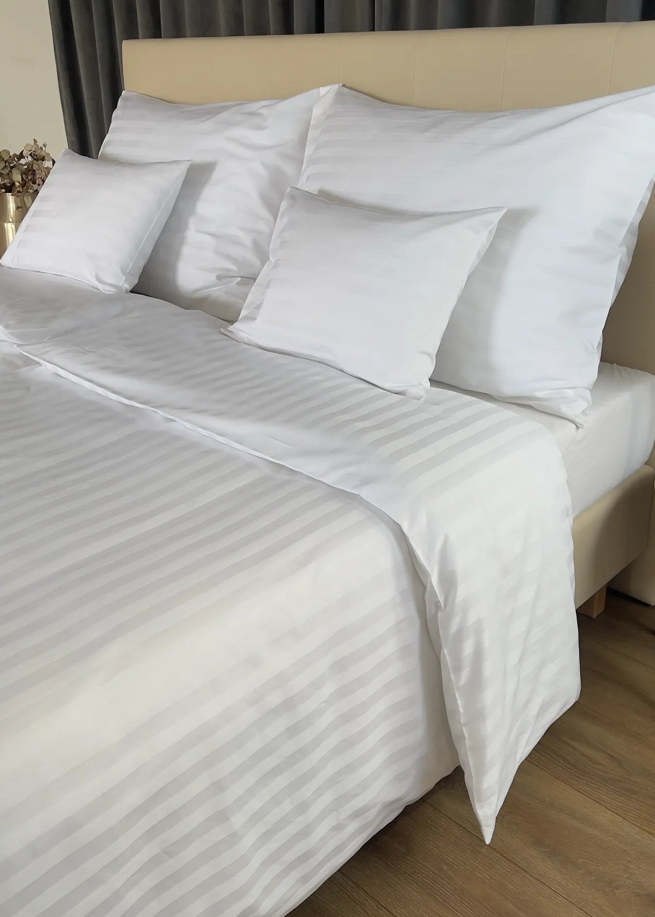 Hotel-Satin-Bettlakenset mit 2 cm Streifen, 100 % Baumwolle, zum Umschlagen, 3er-Set, 140 g/m², verpackt