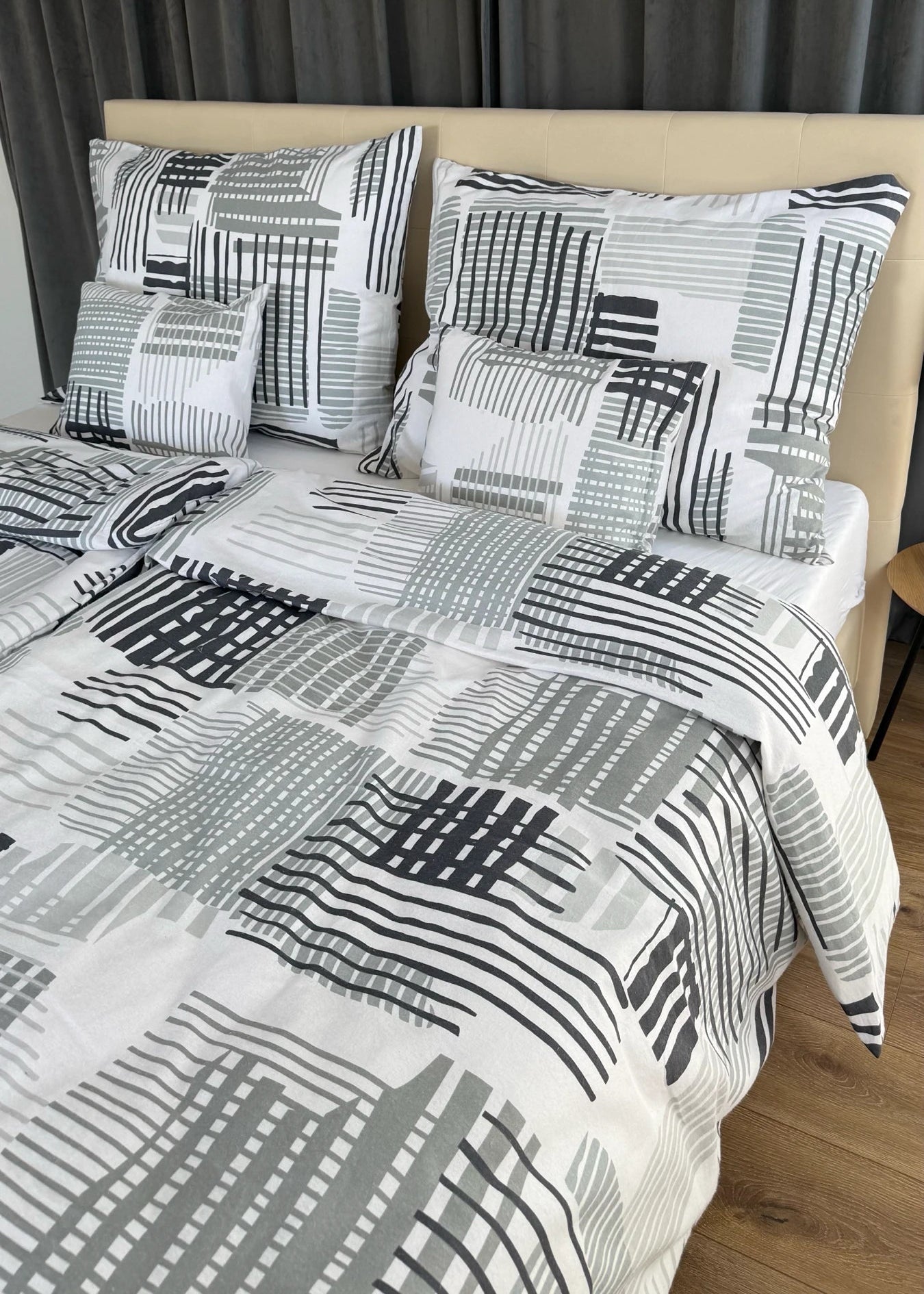 Flannel bedding set - 3 pieces - Grey/white