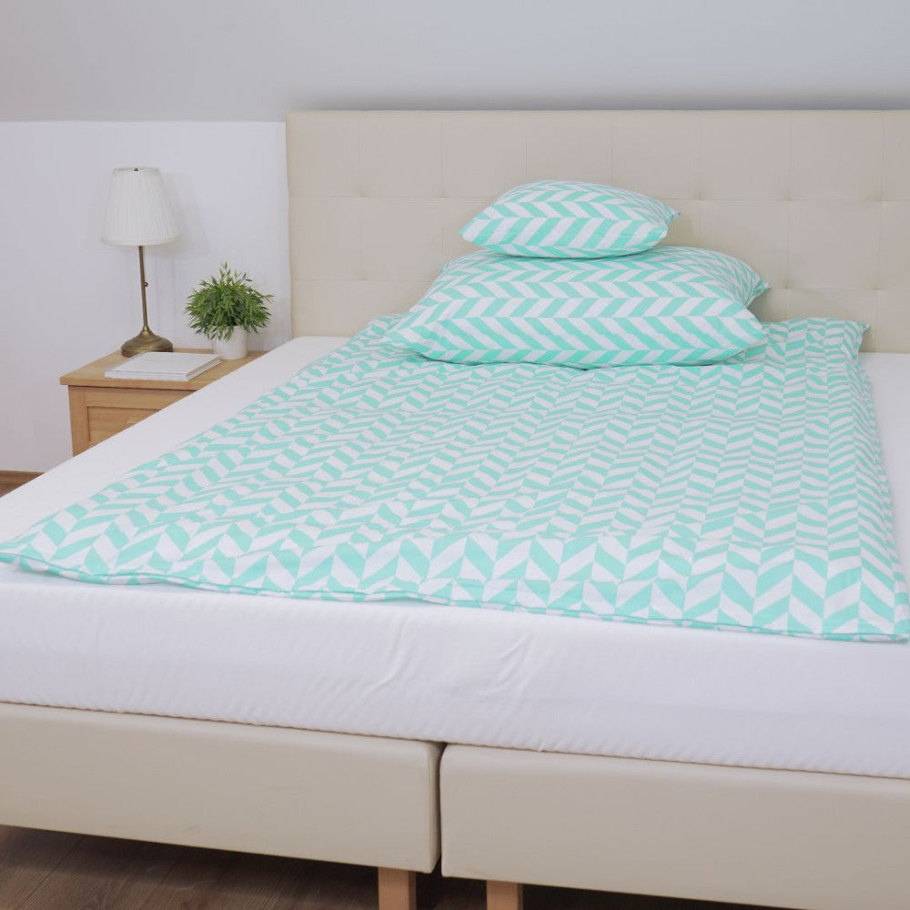 Cotton bed sheet set - 3 pieces - Turquoise and white pattern
