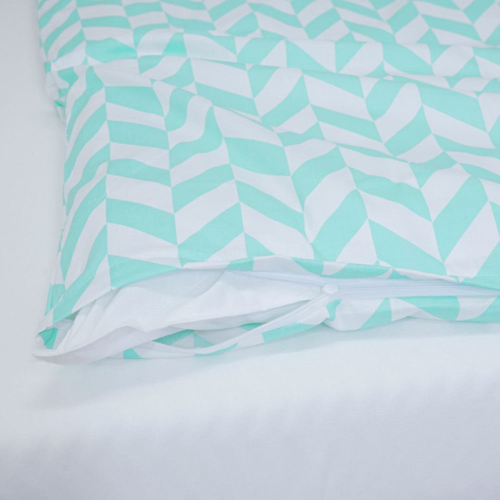 Cotton bed sheet set - 3 pieces - Turquoise and white pattern