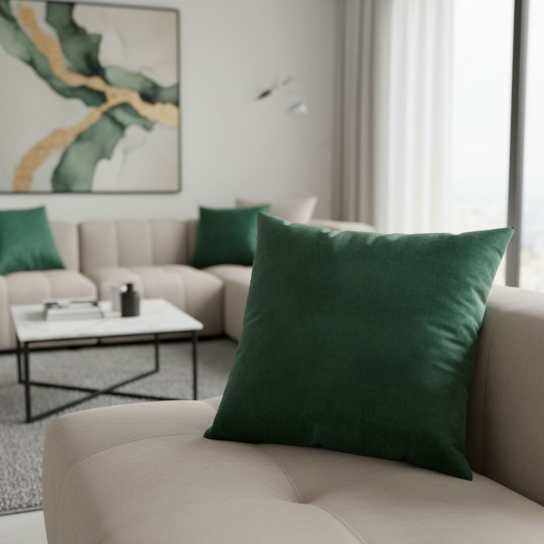 Moss green velvet decorative pillow - with insert - 45x45 cm