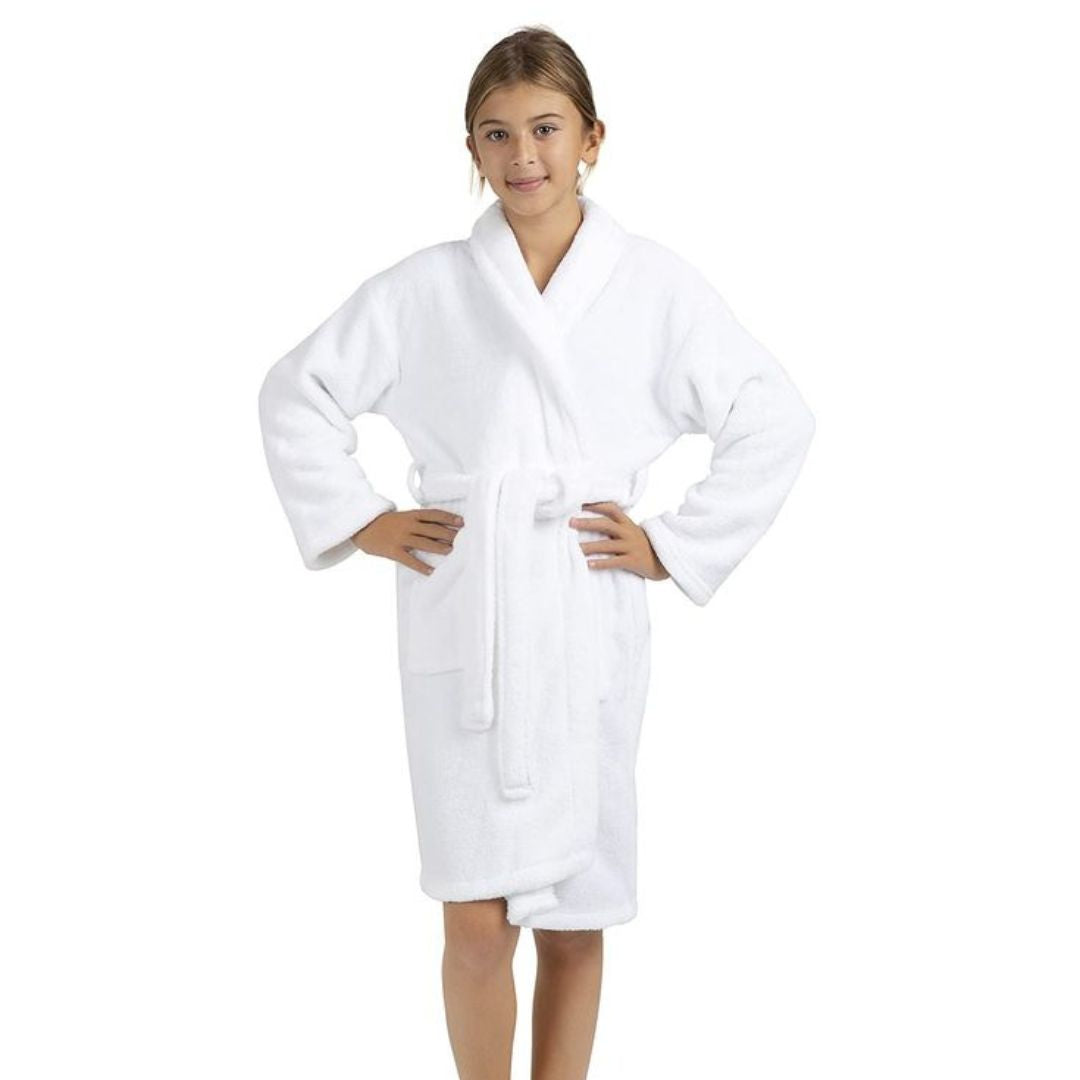 Hotel-Kinderbademantel aus weißem Frottee mit Kapuze – 400 g/m² – verpackt