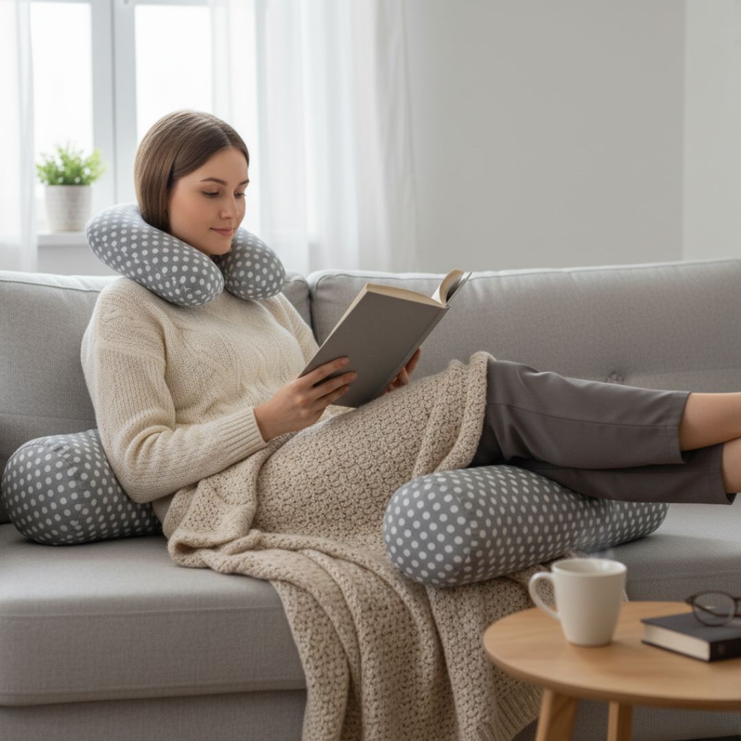 Pamut szürke pöttyös hengerpárna - nyakpárna szett (utazó szett)