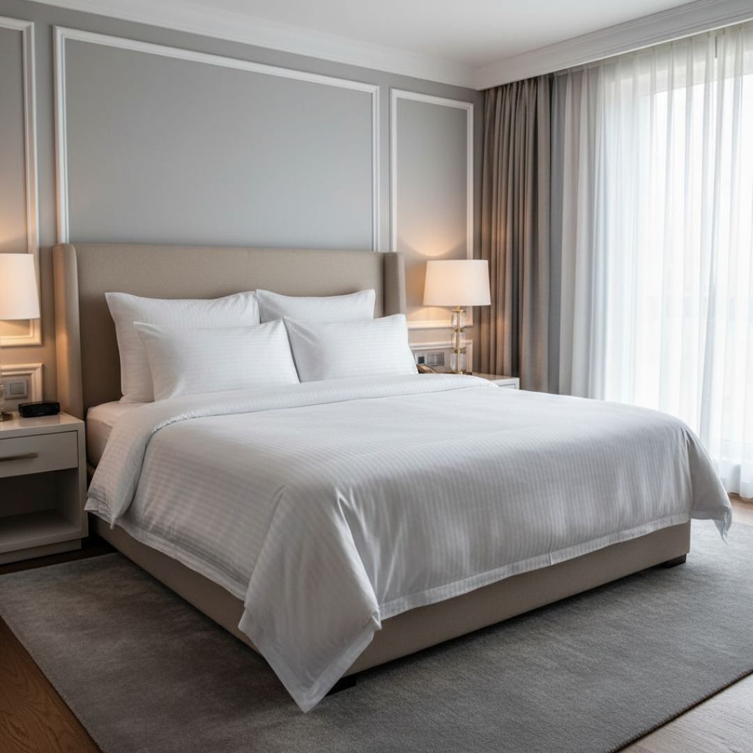 Hotel damask striped pillowcase – 100% Cotton - fold-over - 140 gr/m2 - packaged