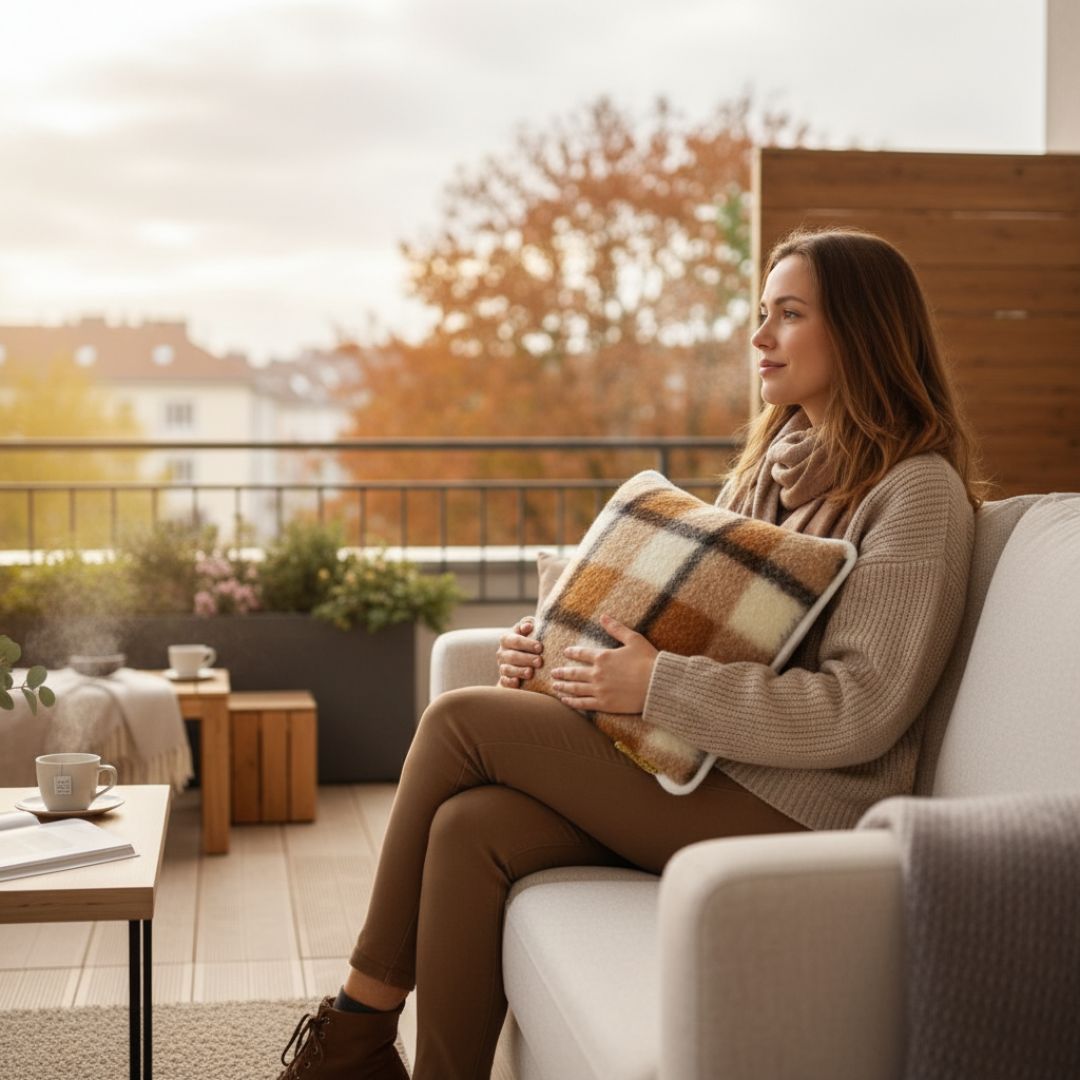 Double-sided grey checkered lambswool cushion