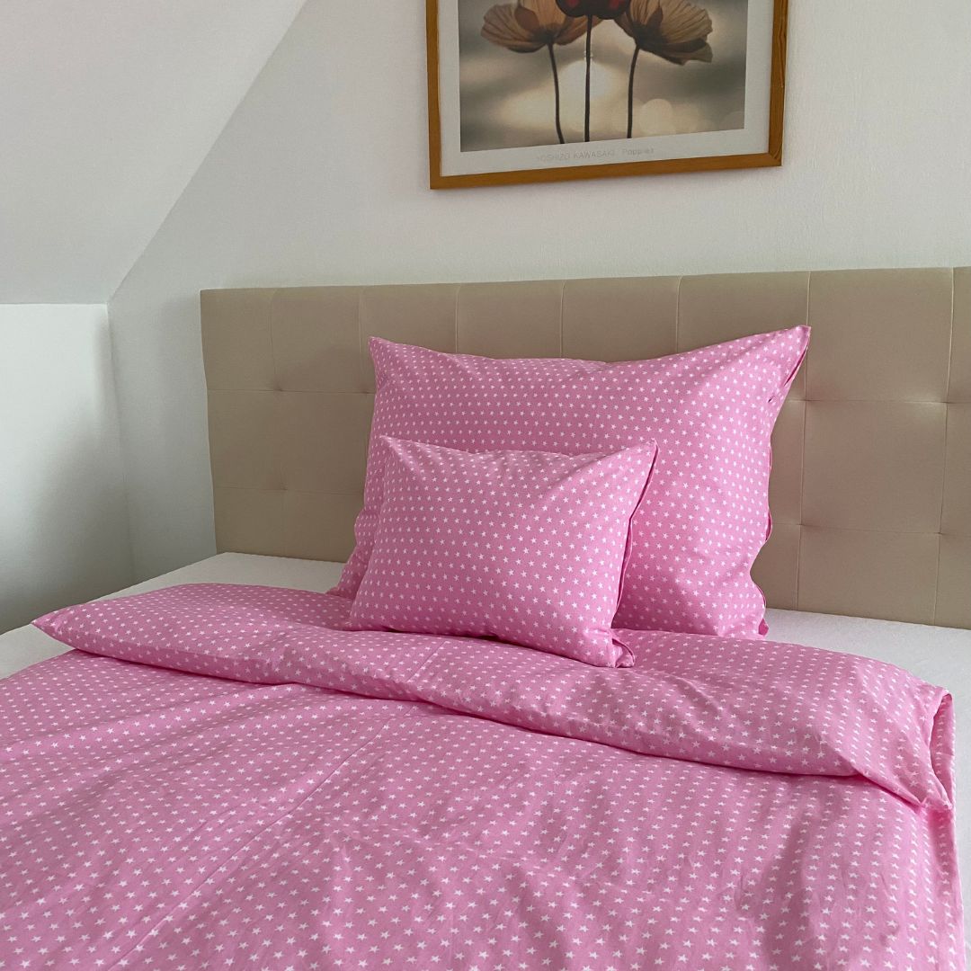 Cotton bed sheet set - 3 pcs - Pink stars