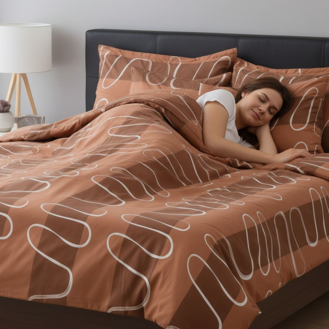 Baumwollsatin-Bettbezug-Set - 3-teilig - Braun/Weiße Welle