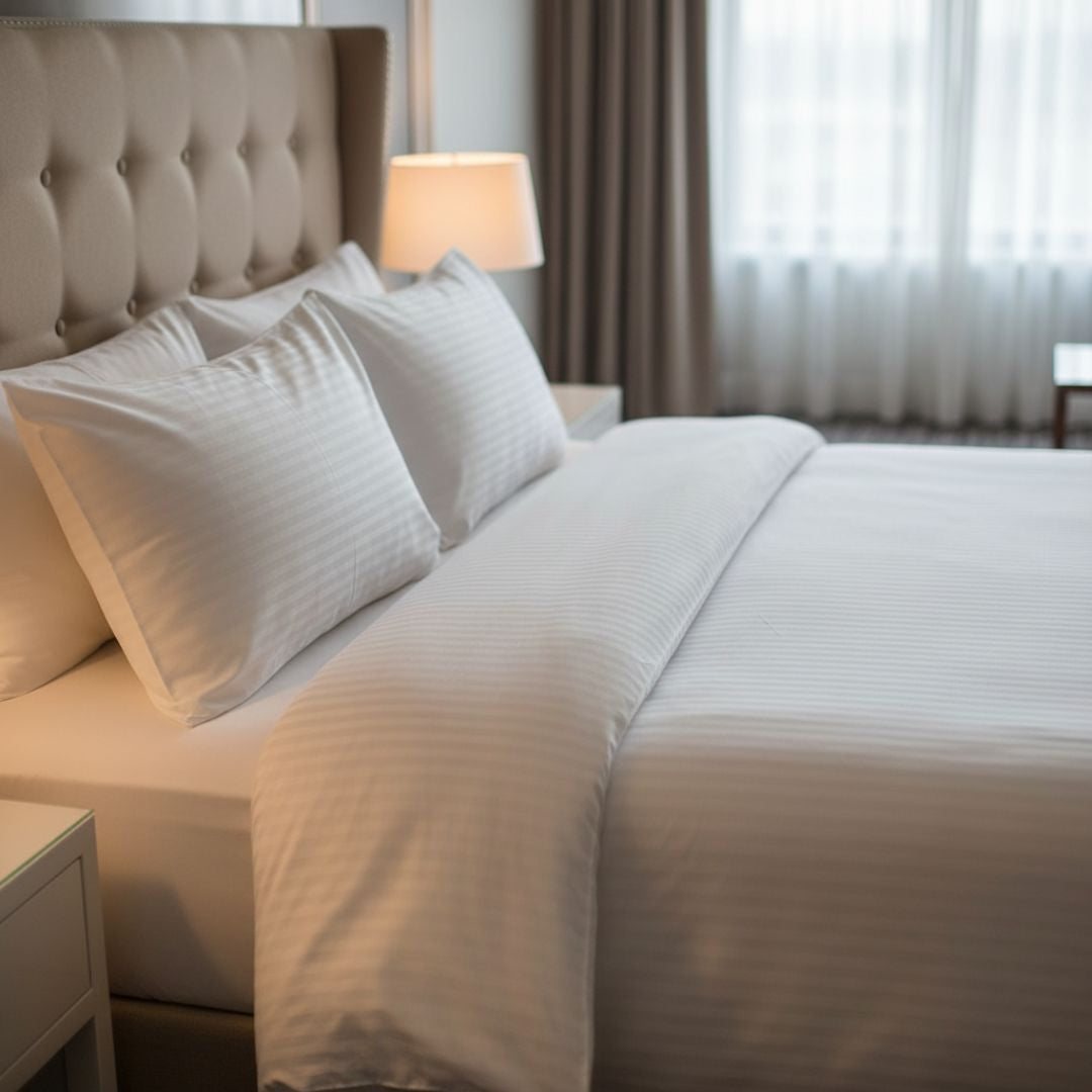 Hotel damask striped pillowcase – 100% Cotton - fold-over - 140 gr/m2 - packaged