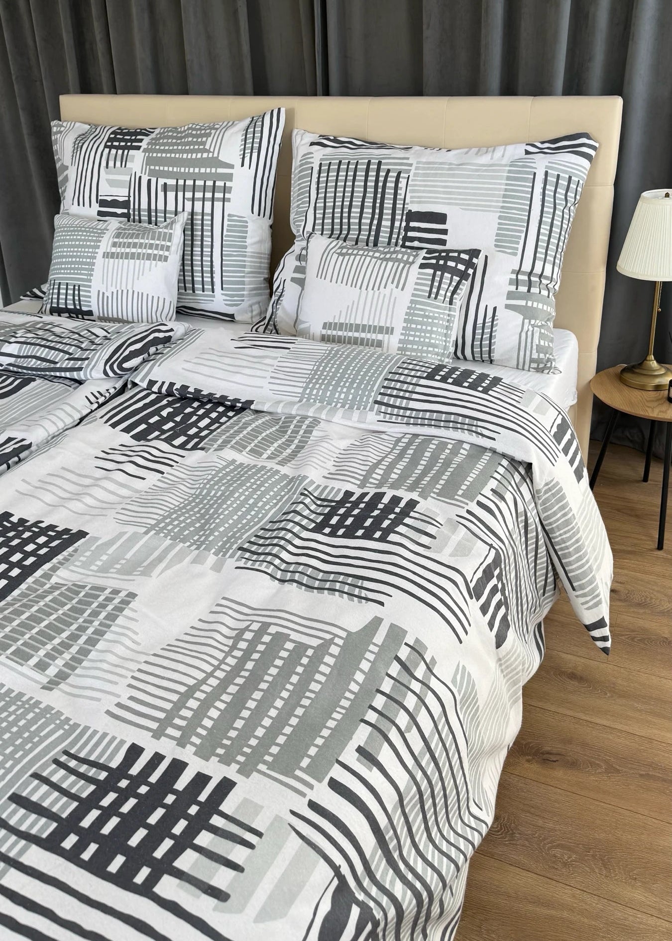 Flannel bedding set - 3 pieces - Grey/white