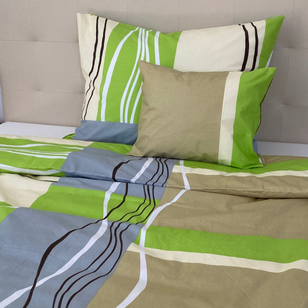 Cotton bed sheet set - 3 pcs - Green/beige pattern