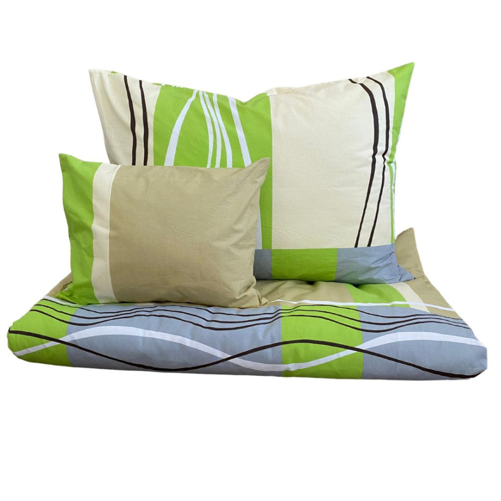 Cotton bed sheet set - 3 pcs - Green/beige pattern