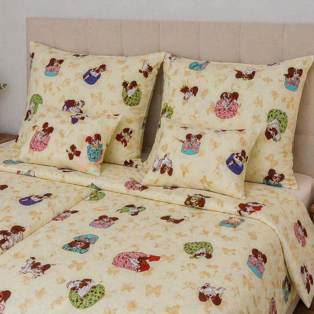 Baumwollbettwäscheset - Beige mit Hundemuster