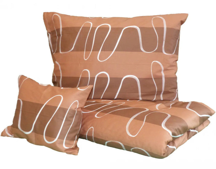 Baumwollsatin-Bettbezug-Set - 3-teilig - Braun/Weiße Welle