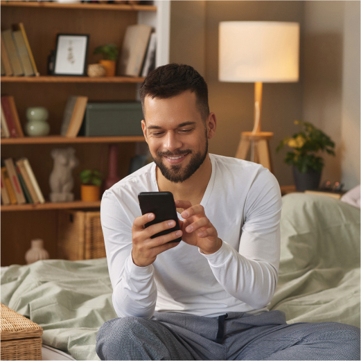 Egy férfi telefonon böngészik, és nevet